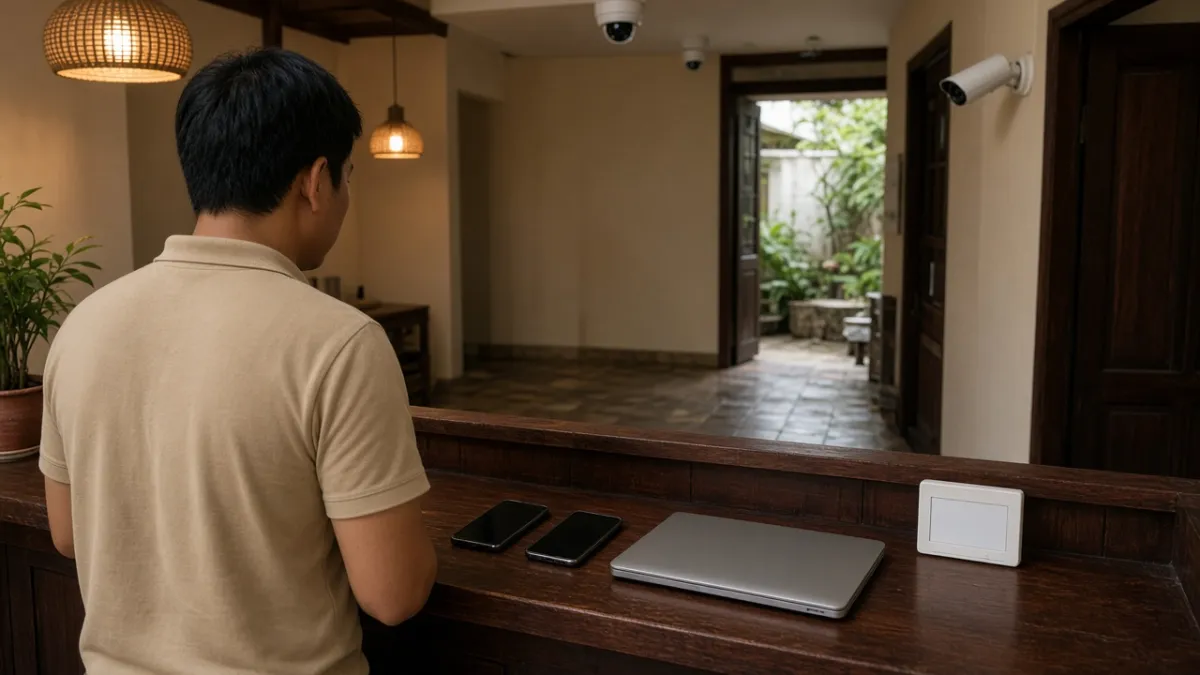 Nhân viên lễ tân homestay dùng hai điện thoại quản lý camera trần và báo động tại quầy tiếp tân.