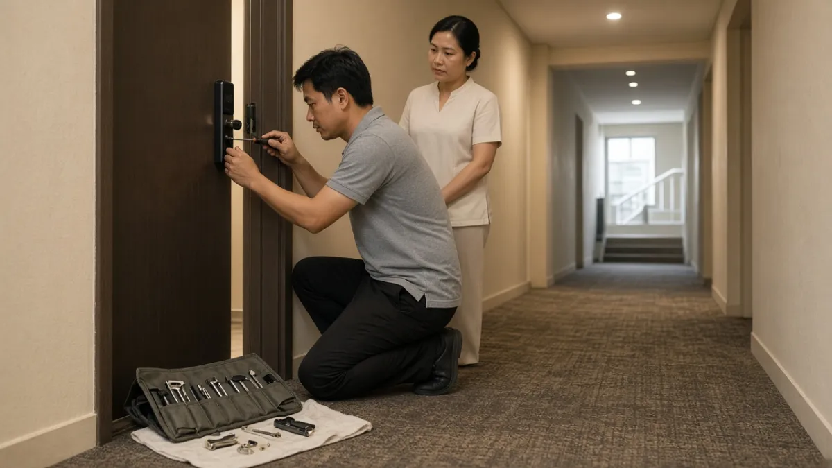 Kỹ thuật viên lắp khóa thẻ từ trên cửa phòng khách sạn, nhân viên theo dõi trong hành lang.