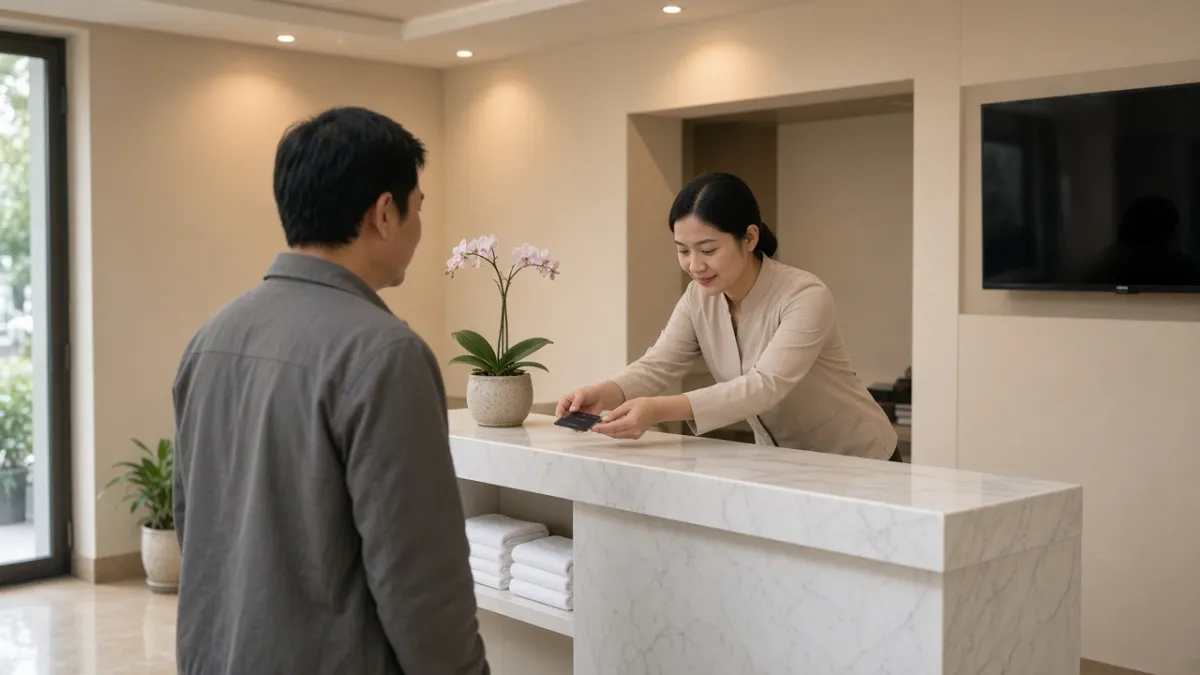 Nhân viên lễ tân cúi chào trang trọng khi giao thẻ phòng; quầy và lobby sạch sẽ, yên tĩnh, chuyên nghiệp.