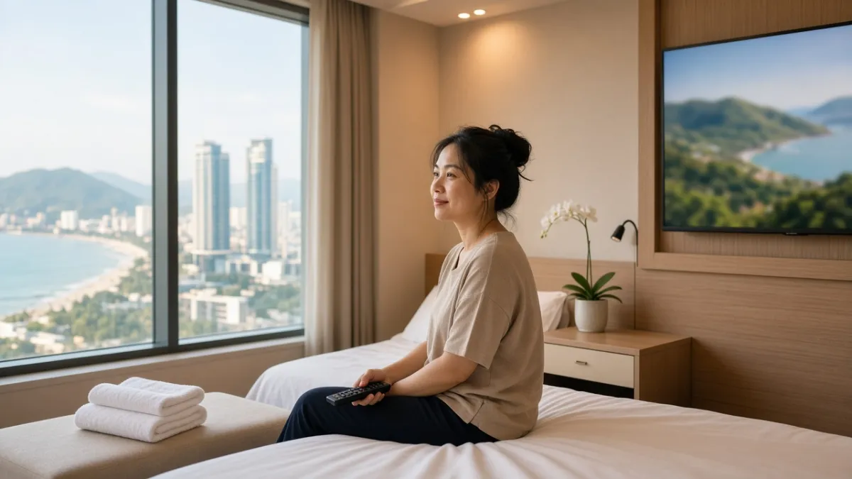 Khách Việt trong phòng khách sạn hiện đại tại Đà Nẵng dùng TV treo tường như kênh dịch vụ và truyền thông.