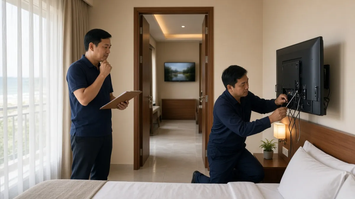 Nhân viên kỹ thuật và quản lý khảo sát TV treo tường trong phòng khách sạn để đánh giá hạ tầng hiện có.