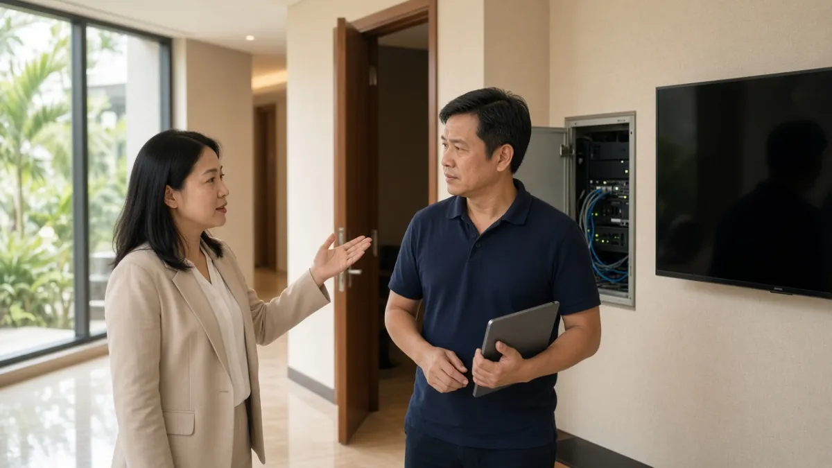 Chuyên viên và quản lý khách sạn khảo sát TV treo tường và tủ mạng trong phòng để tư vấn nền tảng phù hợp.