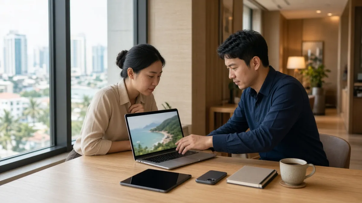 Hai nhân viên khách sạn tại Đà Nẵng cùng lên kế hoạch đăng nội dung mạng xã hội qua laptop và thiết bị di động.