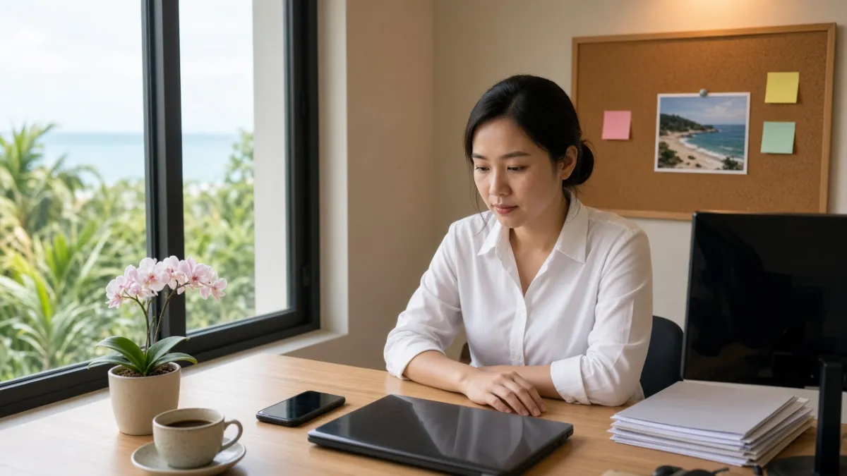 Nhân viên marketing khách sạn ngồi tại bàn làm việc hiện đại, quản lý mạng xã hội tập trung bằng laptop và điện thoại.