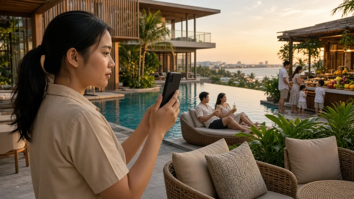 Nhân viên khách sạn chụp ảnh hồ bơi và khu lounge lúc hoàng hôn, khách trẻ và gia đình thư giãn phía sau.