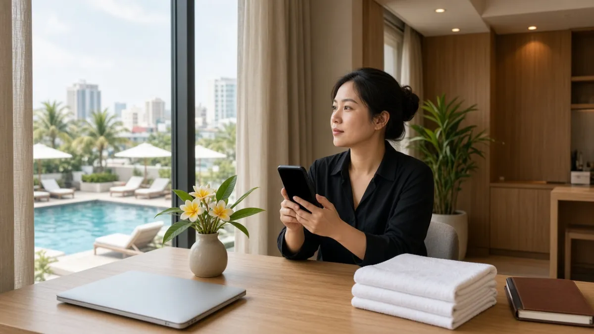Nhân viên khách sạn cầm điện thoại tại bàn làm việc, lên kế hoạch truyền thông mạng xã hội chuyên nghiệp.