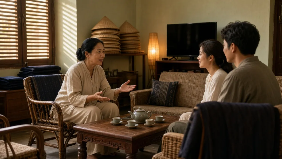 Chủ homestay kể chuyện bên ấm trà trong phòng khách ấm, khách lắng nghe như thuộc về nơi lưu trú.