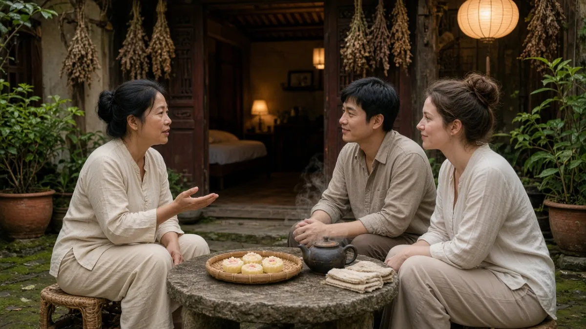 Chủ homestay kể chuyện bên ấm trà trong sân gạch, khách lắng nghe — khoảnh khắc gần gũi tạo thương hiệu được nhớ.