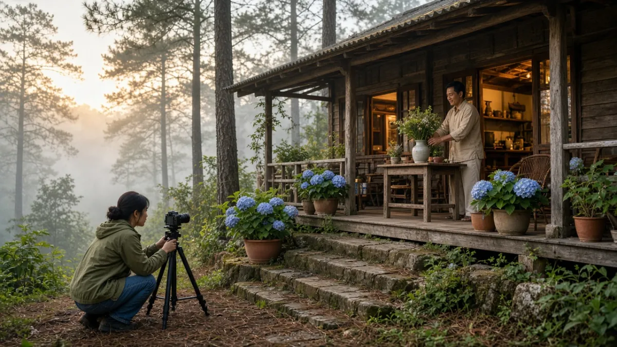 Influencer quay phim khuôn viên homestay giữa rừng thông, nhân viên khách sạn trang trí hoa trên hiên.