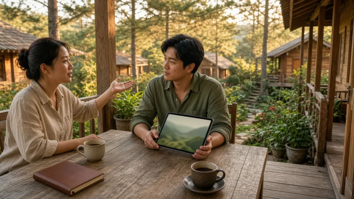 Hai nhân viên homestay trao đổi kế hoạch chiến dịch influencer, bàn về mục tiêu và khách hàng mục tiêu.