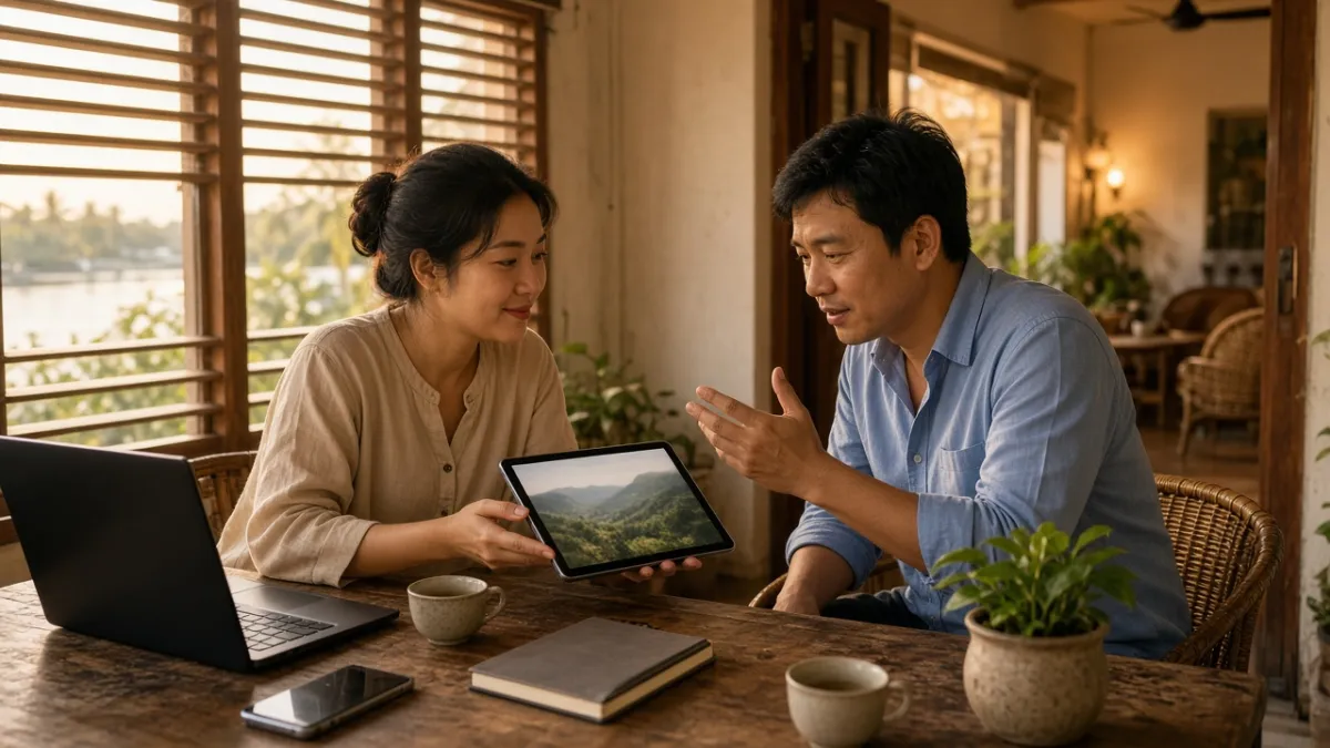 Nhân viên khách sạn trao đổi khi xem tablet và laptop để chọn influencer phù hợp, ưu tiên tương tác thật.