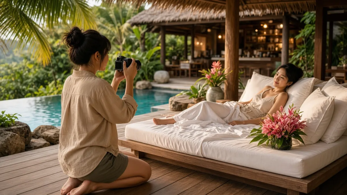 KOL du lịch quay video trải nghiệm staycation bên hồ bơi resort, ghi hình khách thư giãn trên giường ngoài trời.