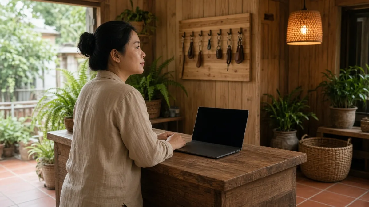Nhân viên lễ tân homestay tại quầy gỗ với máy tính, bảng treo chìa khóa phía sau—minh họa trung tâm vận hành PMS.