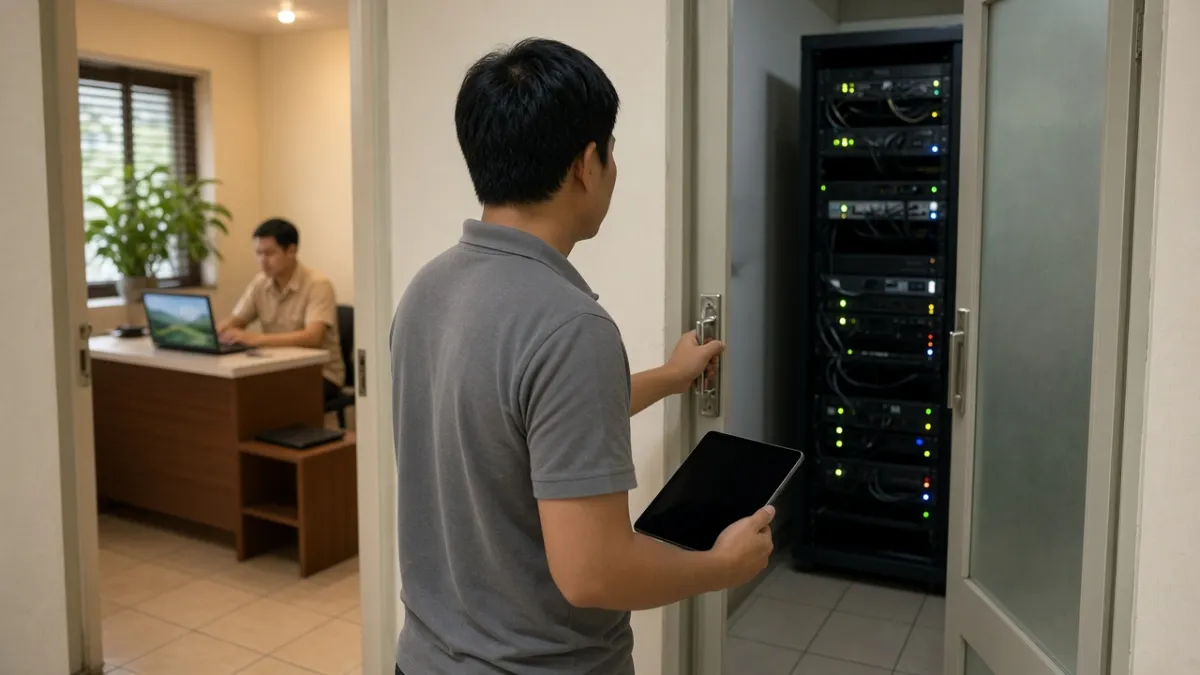 Nhân viên kỹ thuật mở phòng máy chủ trong khách sạn, lễ tân dùng laptop phía sau, minh họa các mô hình PMS.
