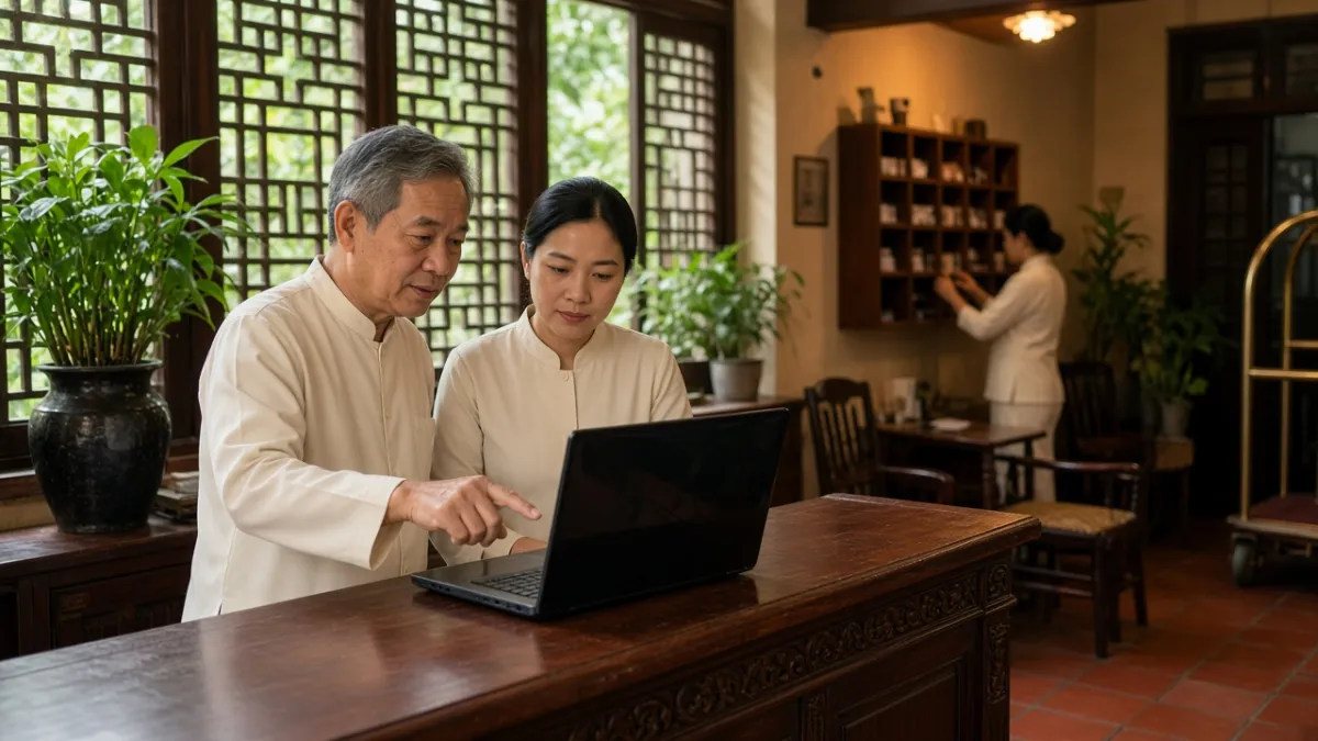 Hai nhân viên lễ tân trao đổi tại quầy khách sạn với máy tính màn hình tắt, thể hiện đào tạo vận hành chuyên nghiệp.