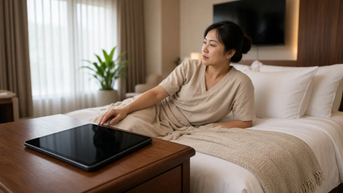 Khách nữ thư giãn trên giường phòng khách sạn hiện đại, tablet đặt trên tủ đầu giường như cẩm nang điện tử.