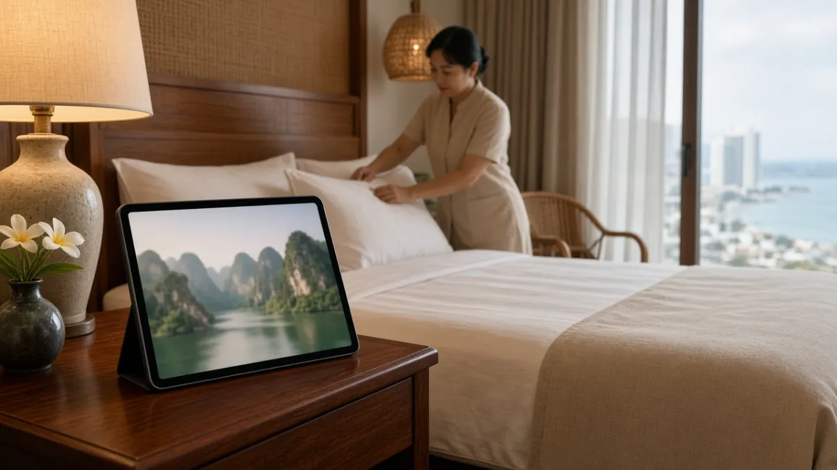 Máy tính bảng trên bàn đầu giường phòng suite khách sạn ven biển, minh họa SuitePad hoạt động trong phòng nghỉ.