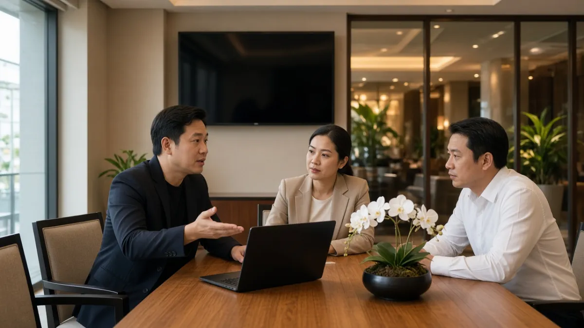 Chuyên gia tư vấn hướng dẫn quản lý khách sạn trong buổi triển khai CRM tại phòng họp khách sạn Việt Nam.