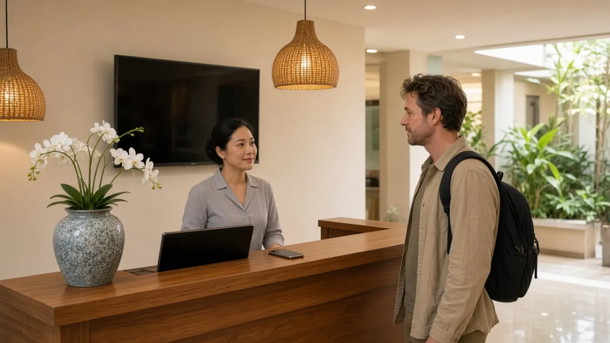 Lễ tân khách sạn chào đón du khách tại quầy tiếp nhận, thể hiện bộ mặt thương hiệu chuyên nghiệp trong kỷ nguyên số.