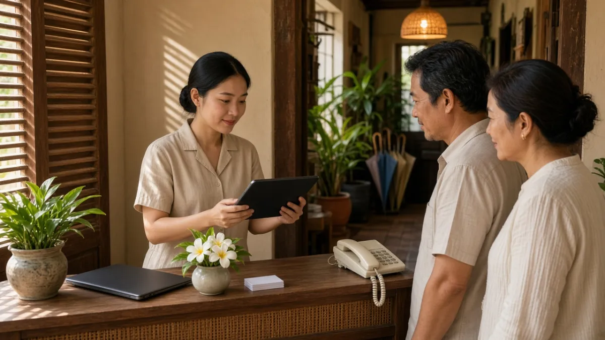 Nhân viên lễ tân homestay hướng dẫn khách check-in bằng máy tính bảng tại quầy tiếp tân gỗ ấm.