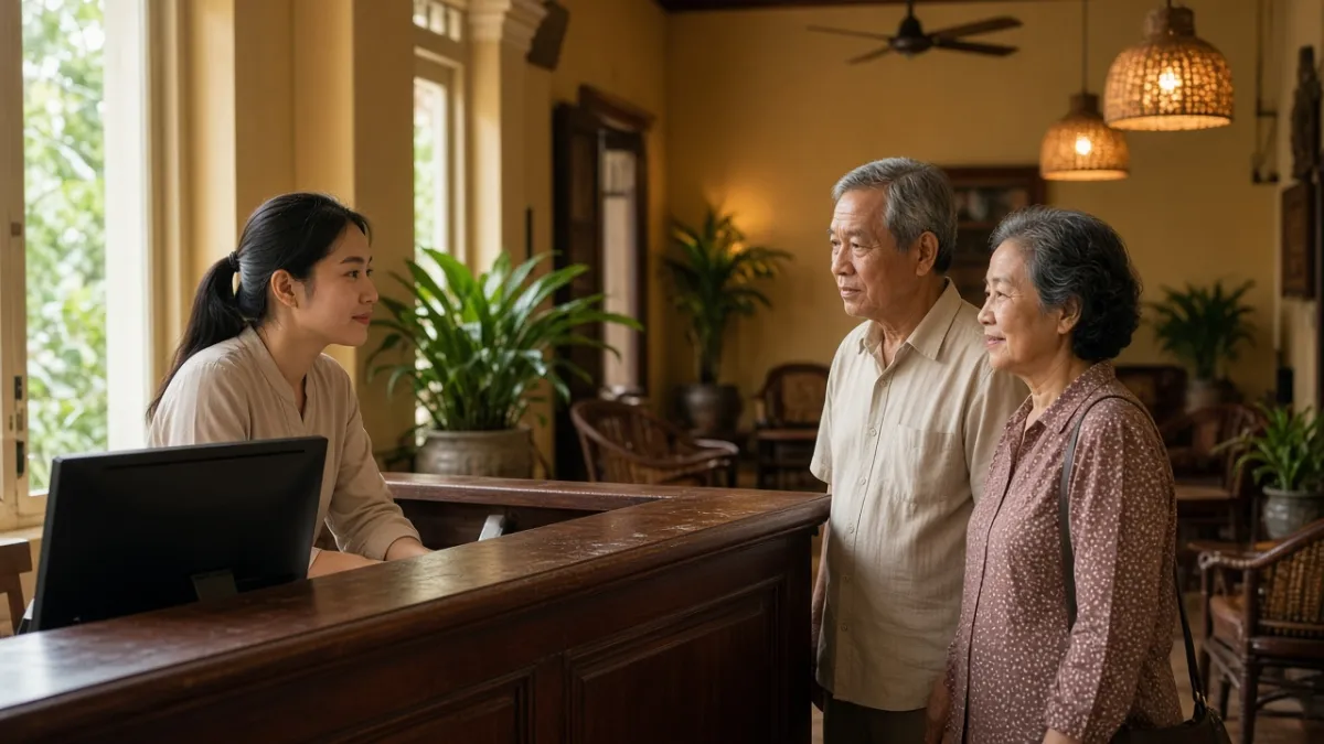 Lễ tân trò chuyện chăm chú với đôi khách cao tuổi tại quầy lobby, thể hiện dịch vụ chạm đến cảm xúc khách.