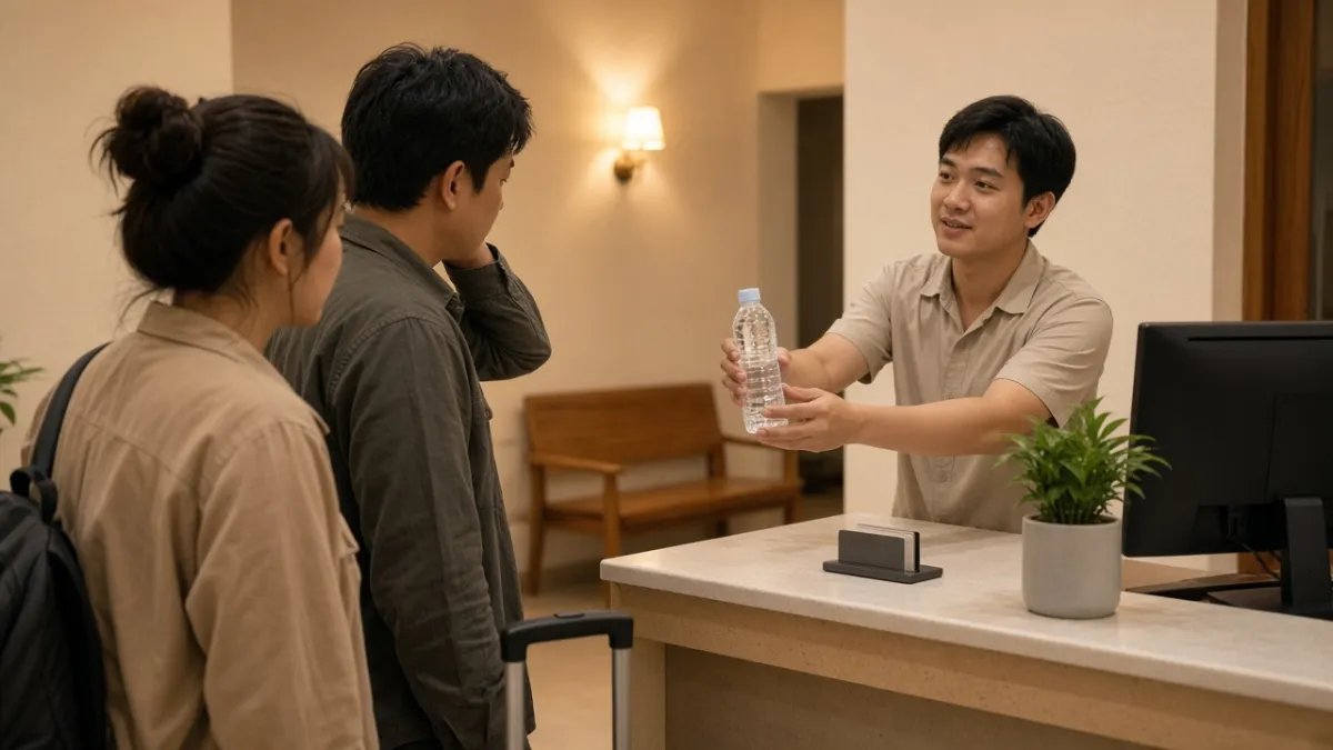 Lễ tân đưa nước và trò chuyện nhẹ nhàng với khách mệt mỏi sau chuyến đi, thể hiện ứng xử nhanh gọn, đồng cảm.