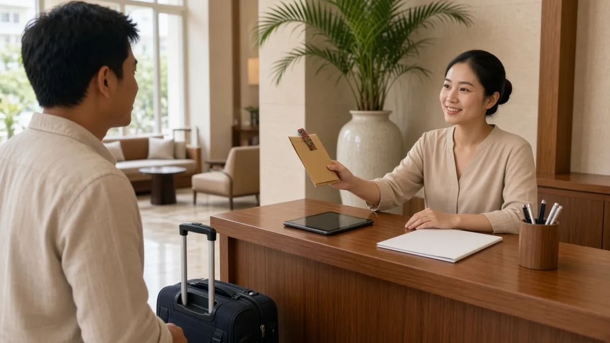 Lễ tân trao quà nhỏ kèm bookmark cho khách trả phòng, tạo cảm giác nhẹ nhàng và ấn tượng tốt cuối hành trình.