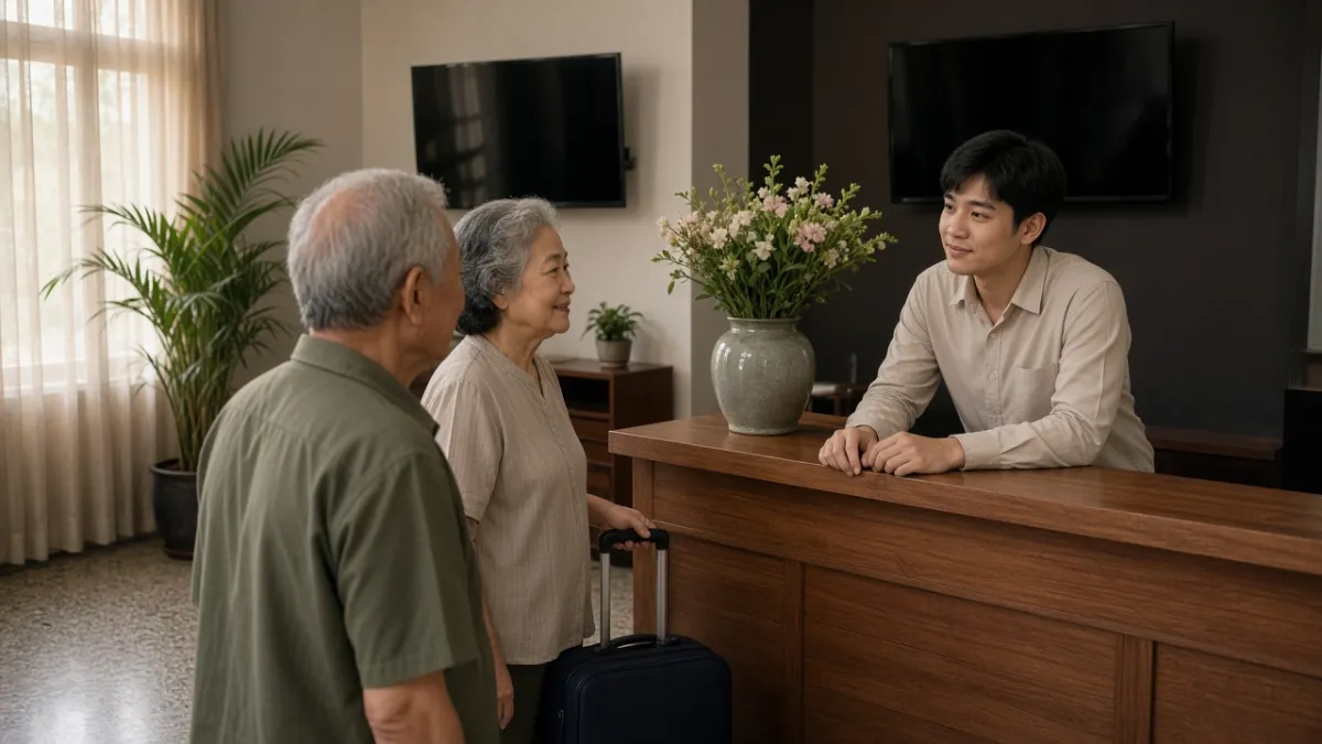 Lễ tân lắng nghe chân thành đôi khách lớn tuổi ở quầy tiếp tân, thể hiện dịch vụ chạm đến cảm xúc khách.