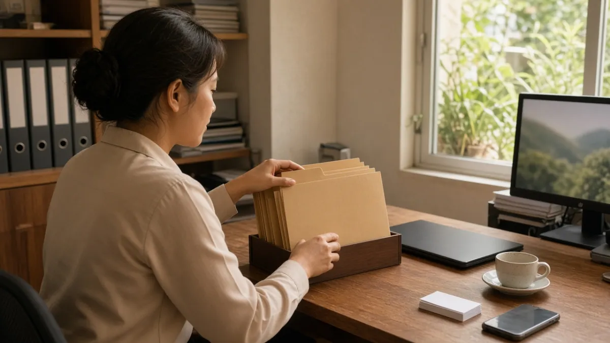 Nhân viên khách sạn sắp xếp hồ sơ khách tại bàn làm việc, minh họa thu thập dữ liệu để tăng đặt phòng trực tiếp.