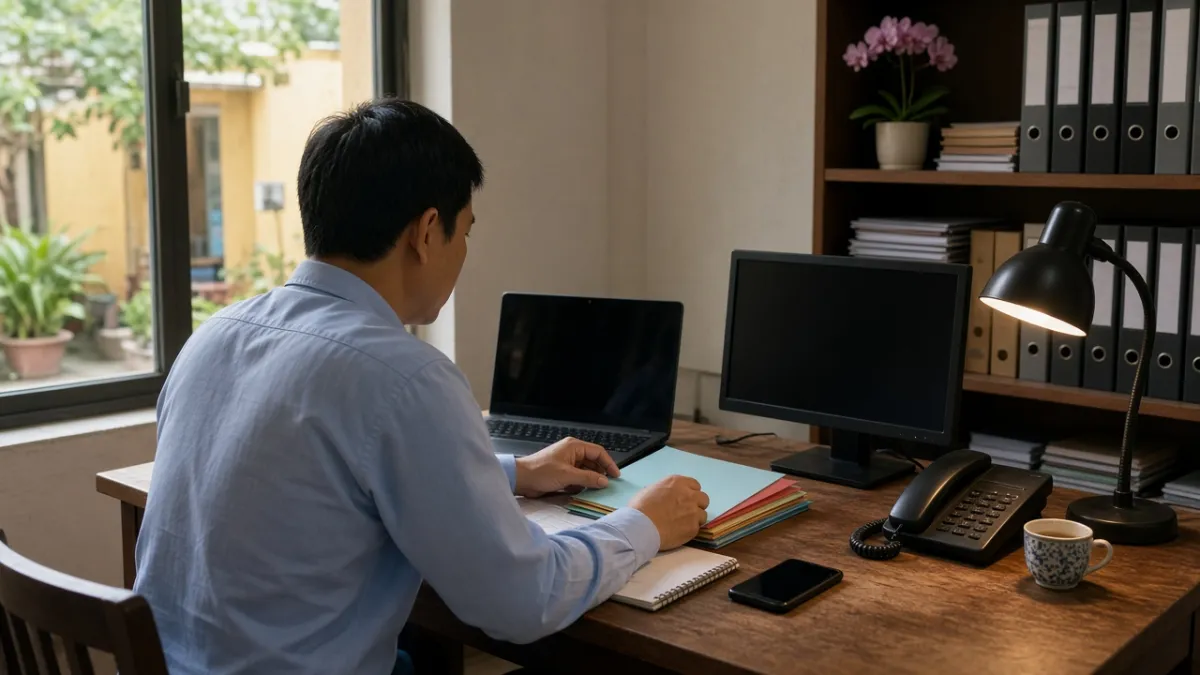 Nhân viên khách sạn sắp xếp hồ sơ khách và máy tính tại phòng hành chính, gợi ý triển khai CRM dữ liệu.