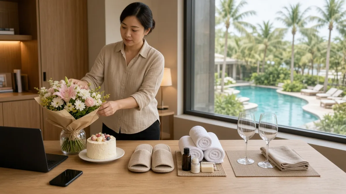Nhân viên khách sạn chuẩn bị quà sinh nhật, spa và nhà hàng cá nhân hóa cho từng nhóm khách.