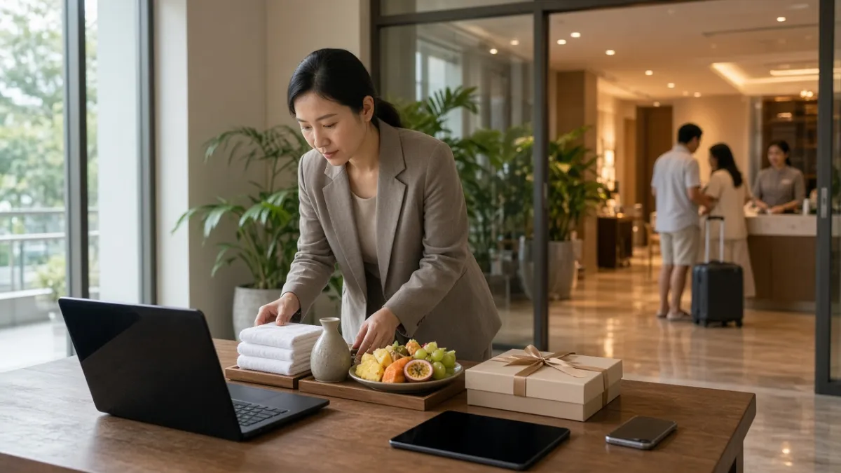 Nhân viên marketing khách sạn sắp xếp quà chào khách và dịch vụ upsell cạnh laptop trong văn phòng hiện đại.