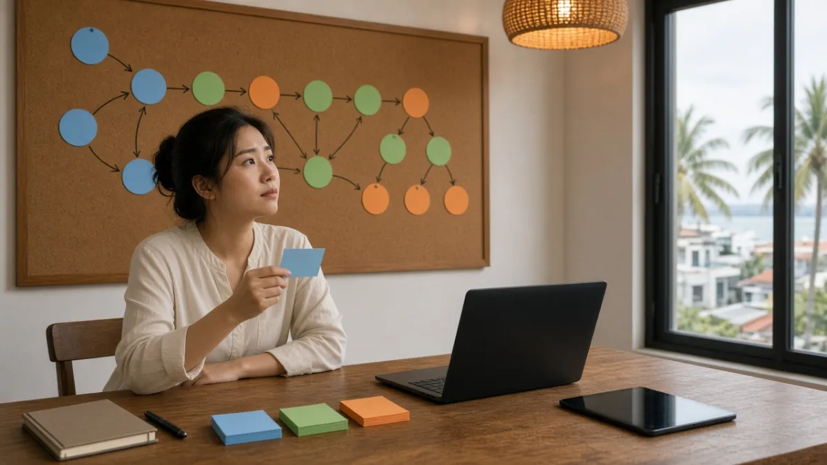 Nhân viên marketing khách sạn lên kế hoạch phân nhóm khách và hành trình email trên bảng ghim.