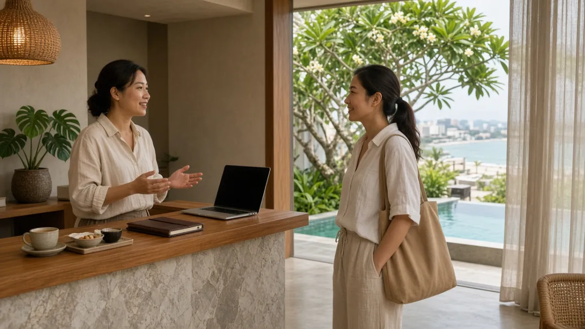 Nhân viên lễ tân khách sạn boutique Đà Nẵng trò chuyện thân thiện với khách, thể hiện chăm khách liên tục hiệu quả.