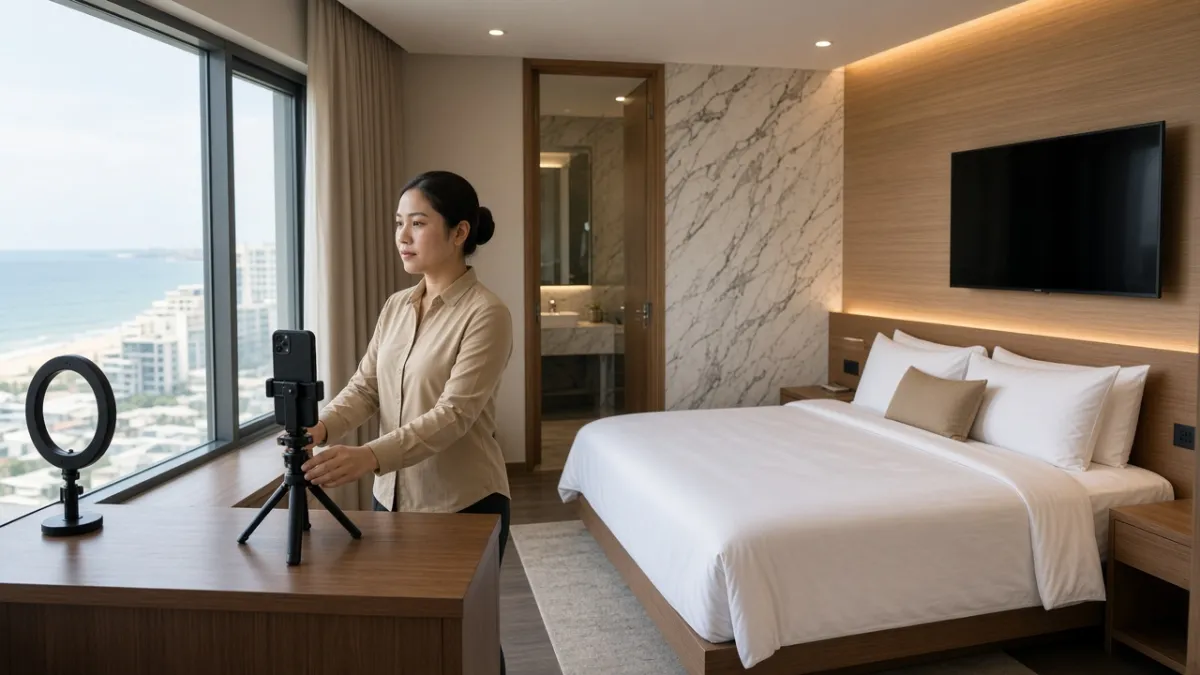 Nhân viên khách sạn quay video phòng nghỉ bằng điện thoại, giúp khách trải nghiệm trước không gian trước khi đặt phòng.