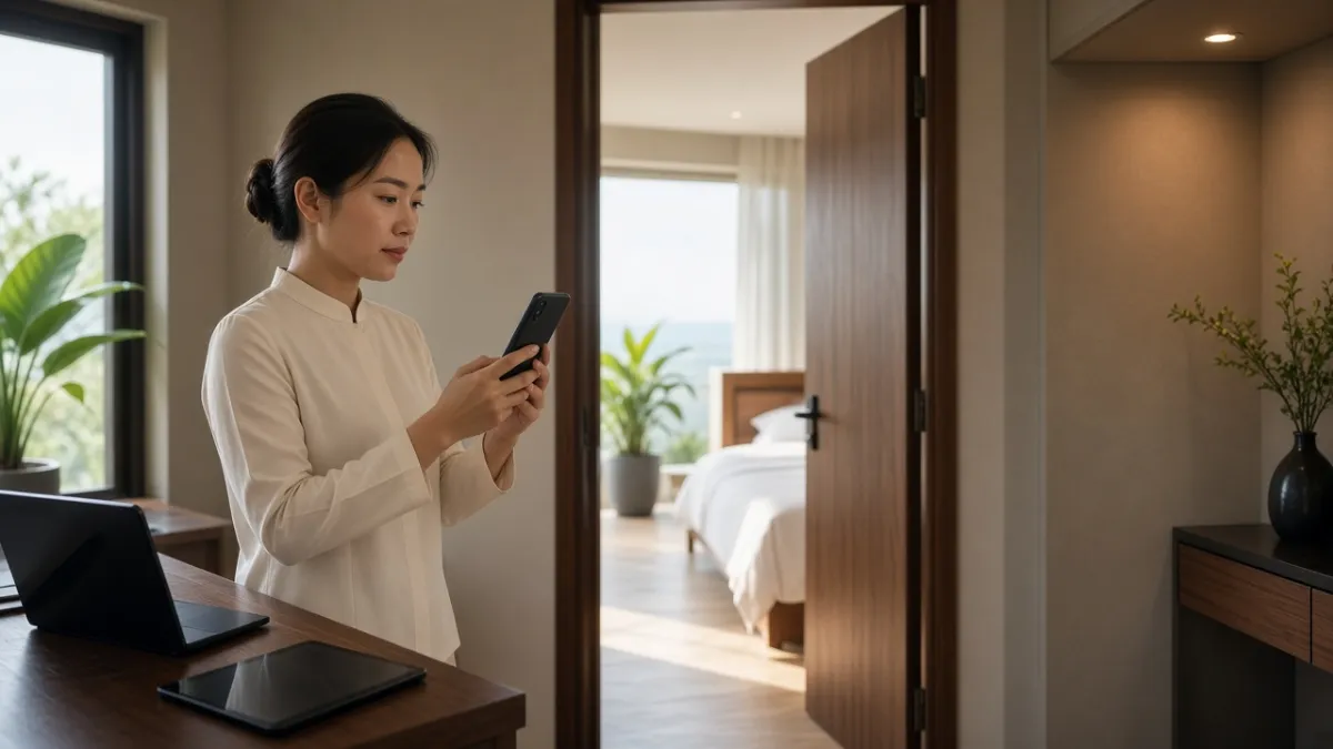 Nhân viên khách sạn Đà Nẵng quay video dọc room tour bằng điện thoại để đăng lên mạng xã hội.