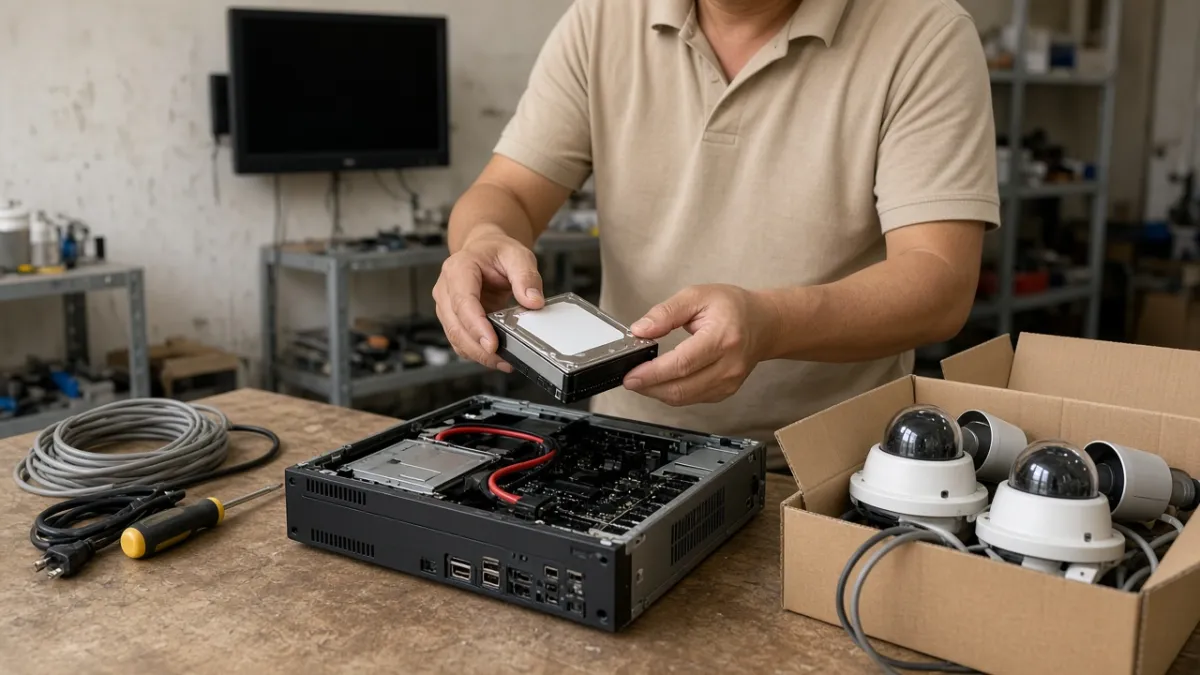 Kỹ thuật viên tháo ổ cứng từ đầu ghi DVR đang mở, bên cạnh thùng camera cũ trước khi thanh lý hệ thống.