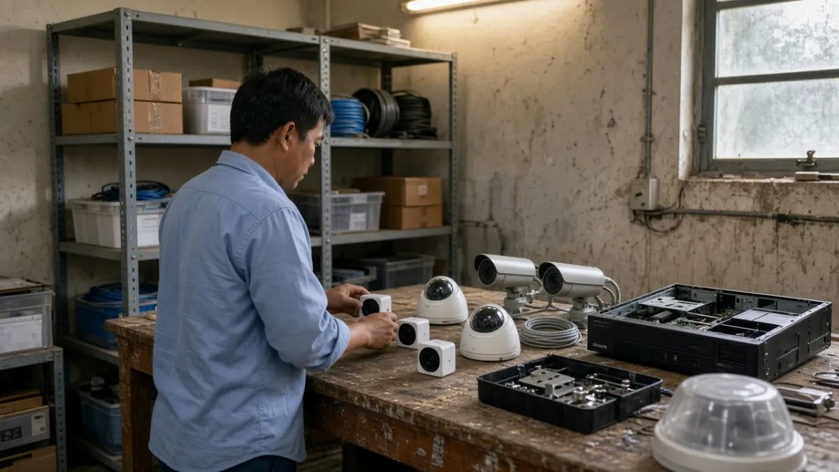 Kỹ thuật viên phân loại camera IP, analog, đầu ghi NVR và wifi cũ trên bàn trong kho khách sạn.