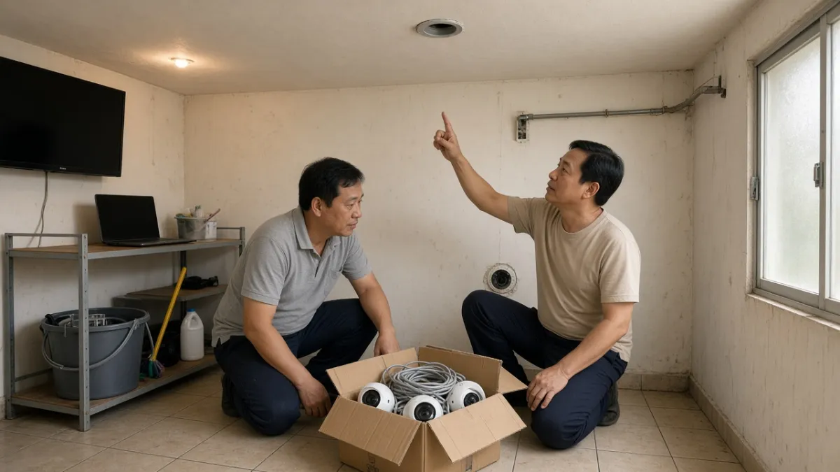 Nhân viên khách sạn và kỹ thuật viên kiểm tra camera an ninh cũ đã tháo trong thùng trước khi thu mua tận nơi.