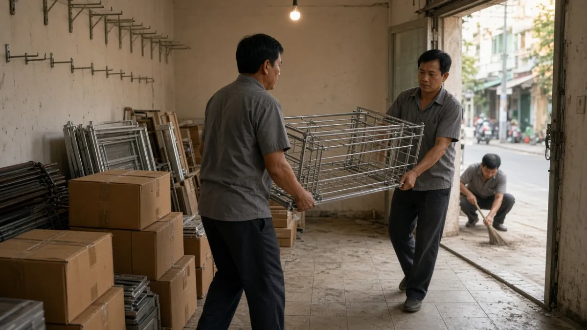 Đội ngũ tháo dỡ kệ, đóng gói và quét dọn mặt bằng cửa hàng trong một buổi thanh lý trọn gói.