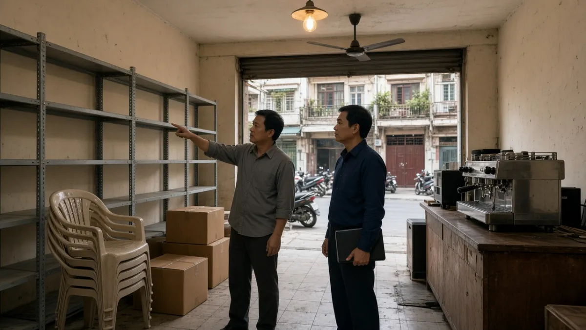 Hai nhân viên khảo sát quán cà phê sắp đóng cửa với kệ trống, thùng carton và đồ nội thất chờ thu dọn thanh lý.