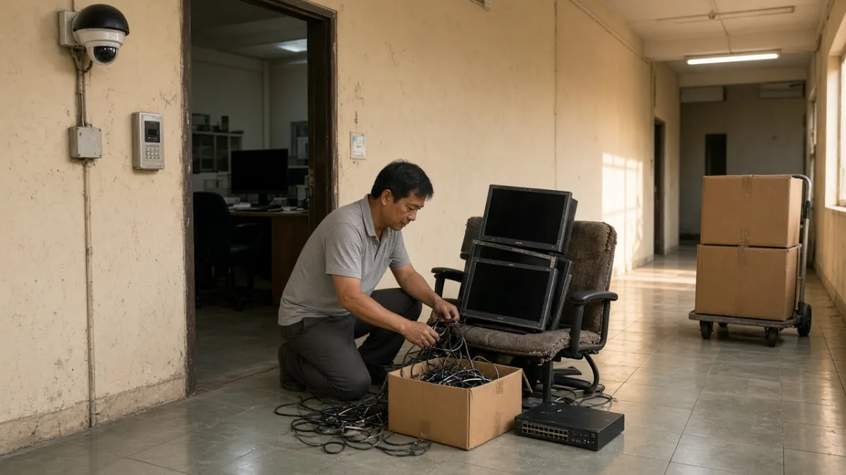 Nhân viên sắp xếp màn hình, dây cáp cũ để thanh lý khi chuyển văn phòng, cạnh hệ thống camera gắn tường.