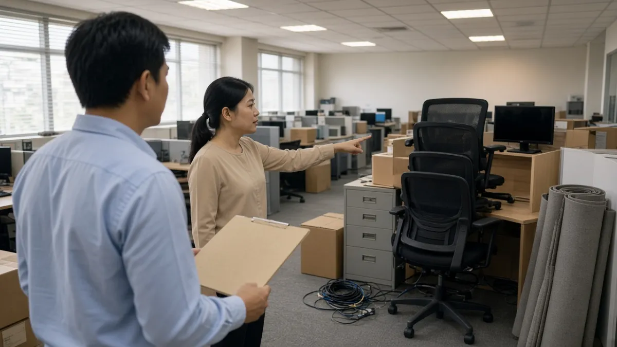 Nhân viên khảo sát bàn ghế, tủ và màn hình tại văn phòng đang chuyển địa điểm để tư vấn thanh lý thiết bị.