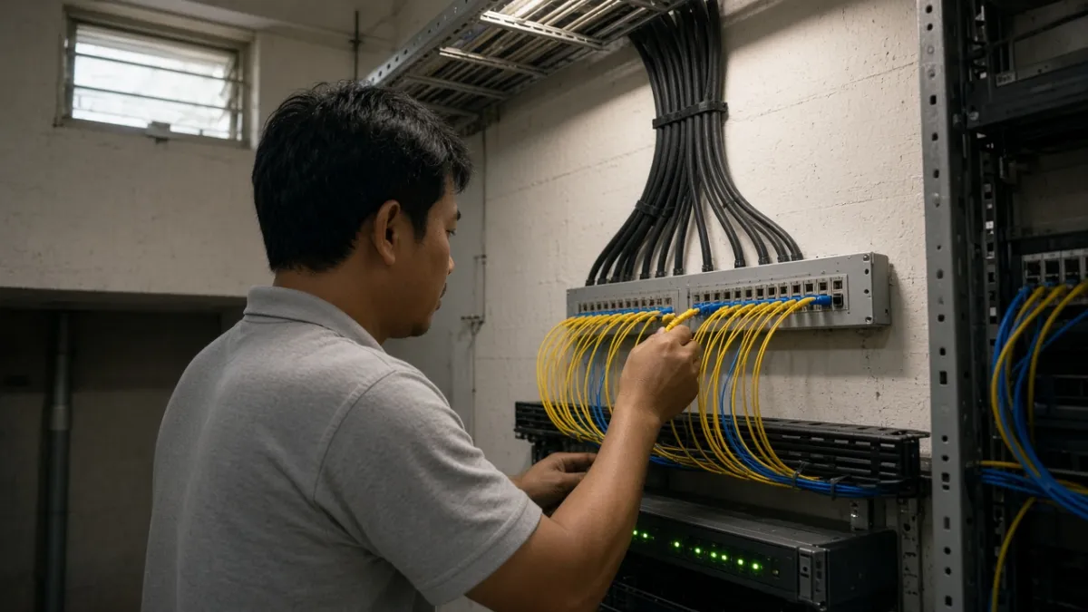 Kỹ thuật viên đấu nối dây cáp quang vào bảng phân phối trong phòng thiết bị mạng của khách sạn.