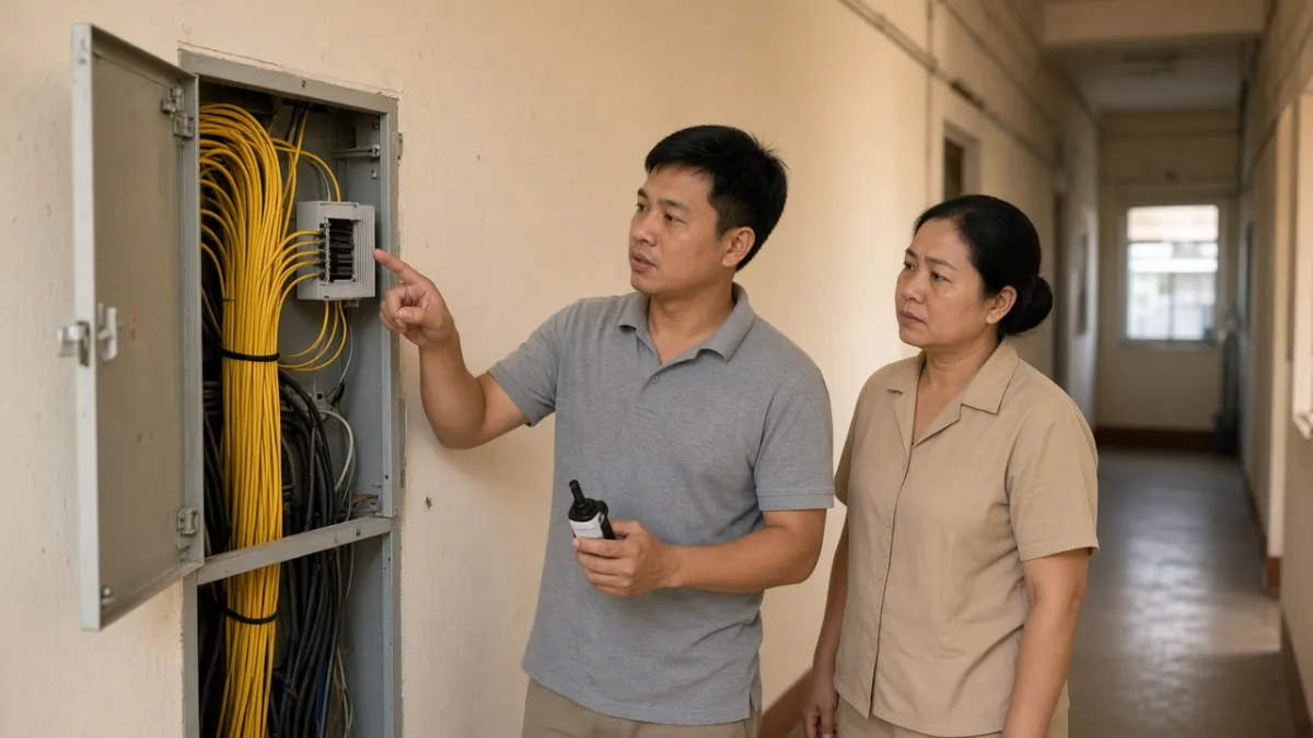 Kỹ thuật viên và nhân viên khách sạn khảo sát cáp quang tại hộp tường trước khi báo giá thi công hạ tầng.