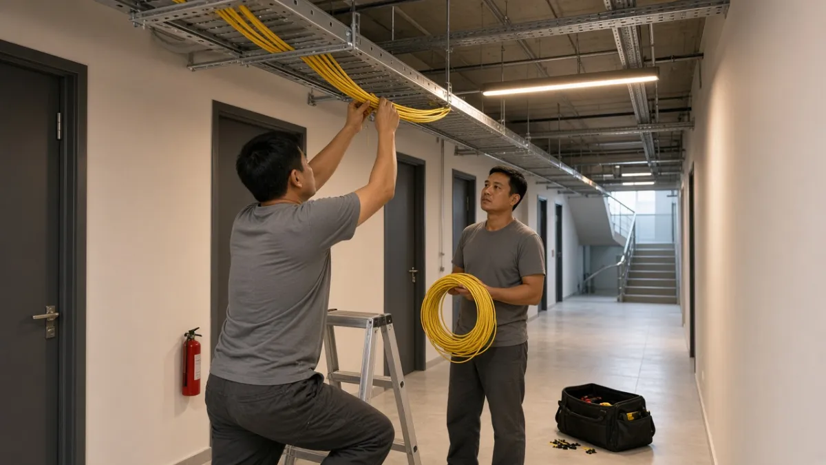 Kỹ thuật viên luồn cáp quang vào máng trần hành lang kỹ thuật tại chung cư mới, triển khai hạ tầng FTTH.