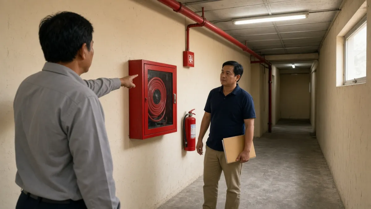 Kỹ sư và nhân viên kỹ thuật kiểm tra tủ vòi chữa cháy, bình cứu hỏa và đường ống sprinkler sau thi công PCCC khách sạn.