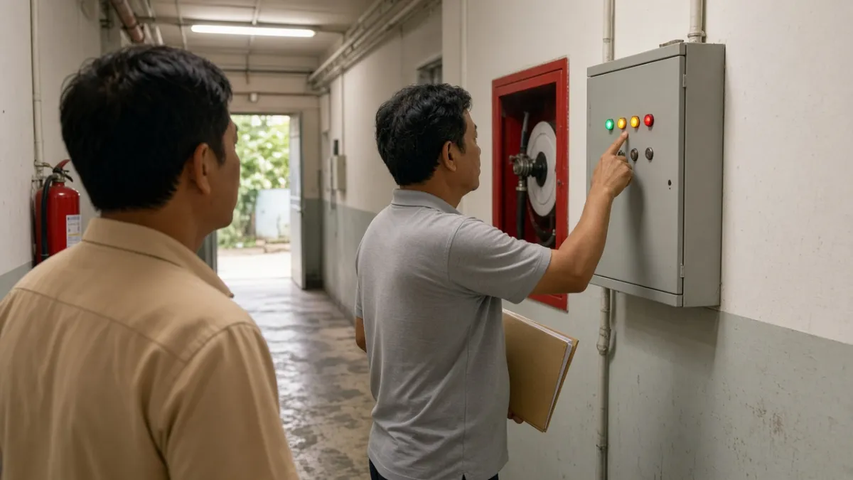Chuyên viên tư vấn hướng dẫn kỹ thuật khách sạn kiểm tra tủ báo cháy trong hành lang kỹ thuật hậu trường.
