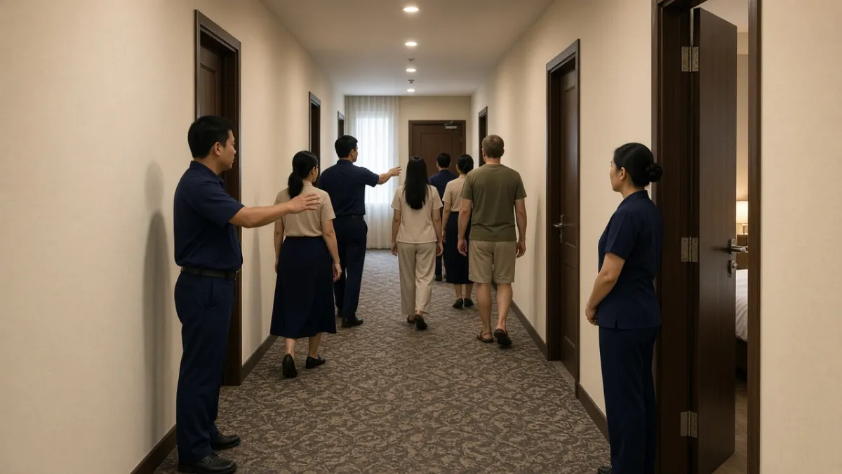 Nhân viên các bộ phận phối hợp hướng dẫn khách thoát hiểm trong diễn tập PCCC trên hành lang khách sạn.