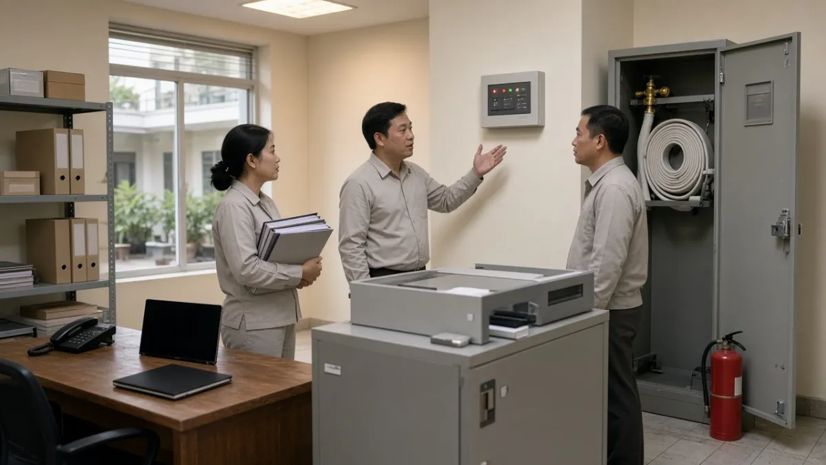 Nhân viên khách sạn phối hợp kiểm tra hồ sơ PCCC, tủ báo cháy và thiết bị cứu hỏa trong phòng an ninh.